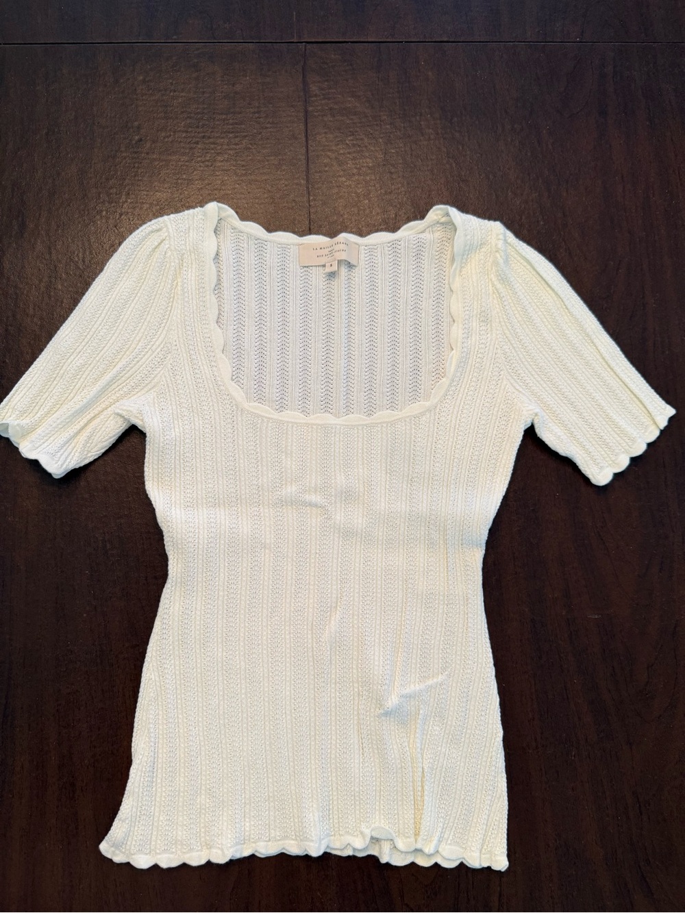 Sezane Cream White Ribbed Square-Neck Short Sleeve Top